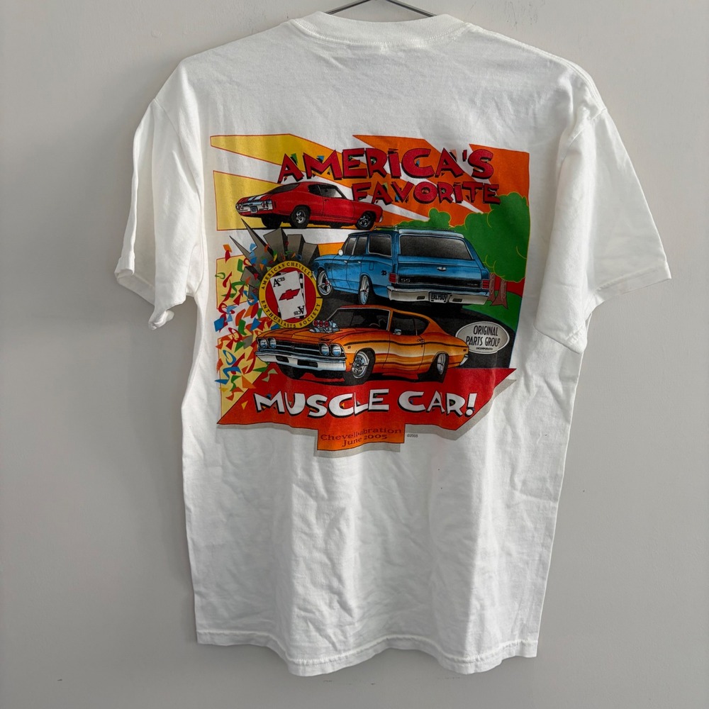 Vintage Gildan Chevellabration 2005 Muscle Car Graphic T-Shirt White Medium